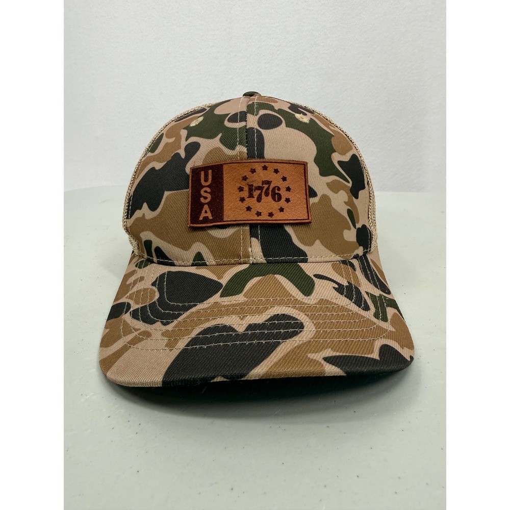 Riverbed Threads Trucker Hat Mens Camo USA 1776 Leather Patch Snapback Cap